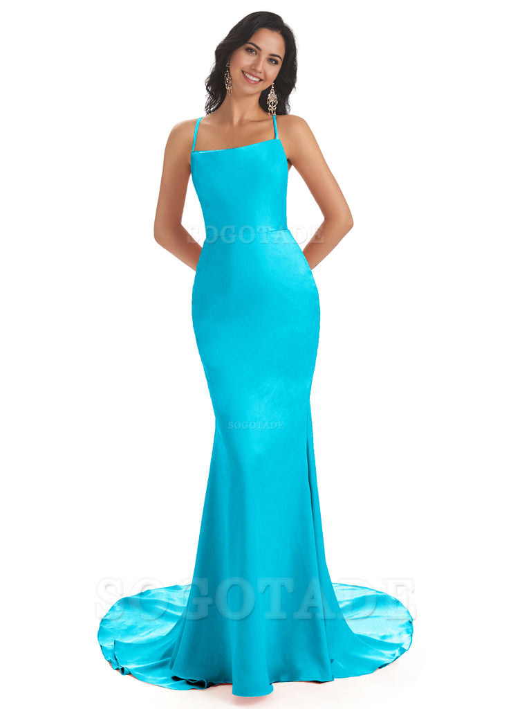 Mermaid Spaghetti Backless Straps Satin Long formal dresses evening gown Bridesmaid Dresses
