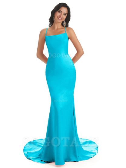 Mermaid Spaghetti Backless Straps Satin Long formal dresses evening gown Bridesmaid Dresses