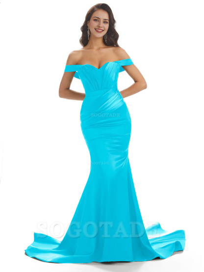 Sexy Mermaid Off The Shoulder Floor-Length Long Soft Satin Bridesmaid Dresses Online prom shop dresses