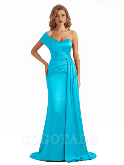 Elegant One Shoulder Soft Satin Long Mermaid Bridesmaid Dresses Online prom shop dresses ﻿
