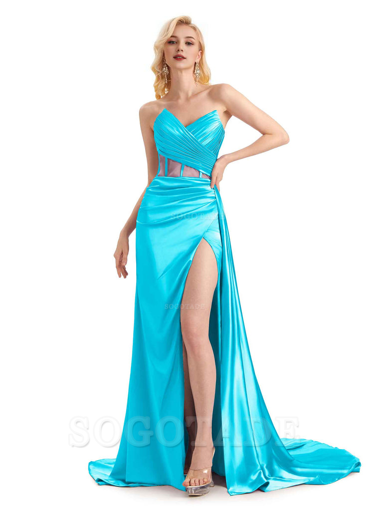 Sexy Soft Satin Side Slit See Through Floor-Length Long Mermaid Bridesmaid Dresses prom shop dresses