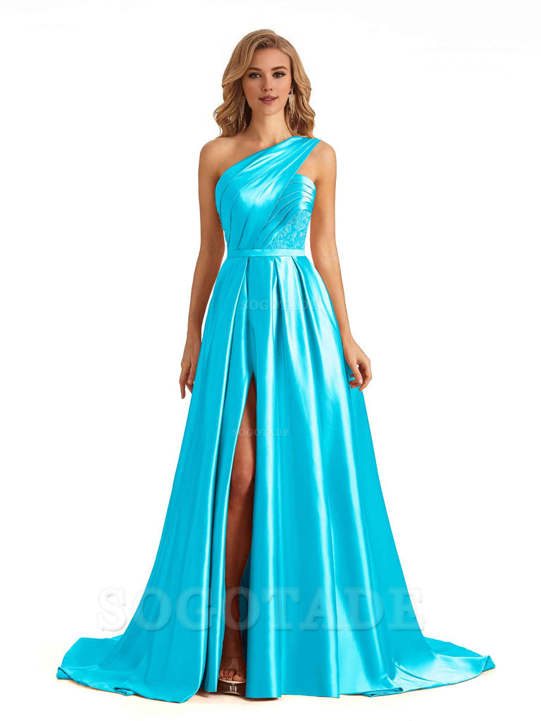 Sexy Side Slit One Shoulder A-Line Soft Satin Long Bridesmaid Dresses Online prom dress in store