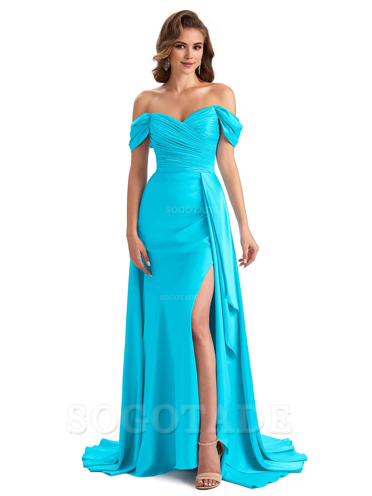 Sexy Side Slit Mermaid Soft Satin Off The Shoulder Long Unique Bridesmaid Dresses prom dress in store