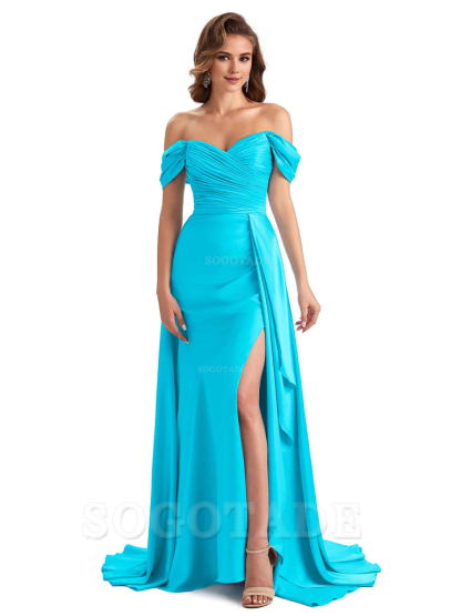 Sexy Side Slit Mermaid Soft Satin Off The Shoulder Long Unique Bridesmaid Dresses prom dress in store