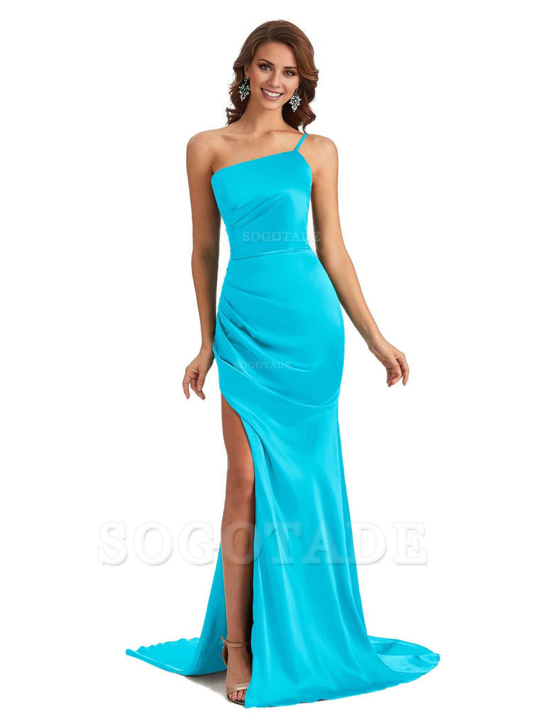 Sexy Silky Satin Side Slit One Shoulder Unique Long Wedding Guest Maxi Dresses