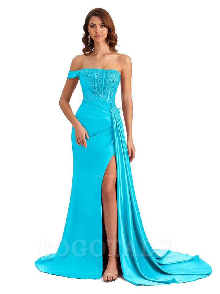 Mermaid Off Shoulder Applique formal dresses evening gown Bridesmaid Dresses With Side Slit 