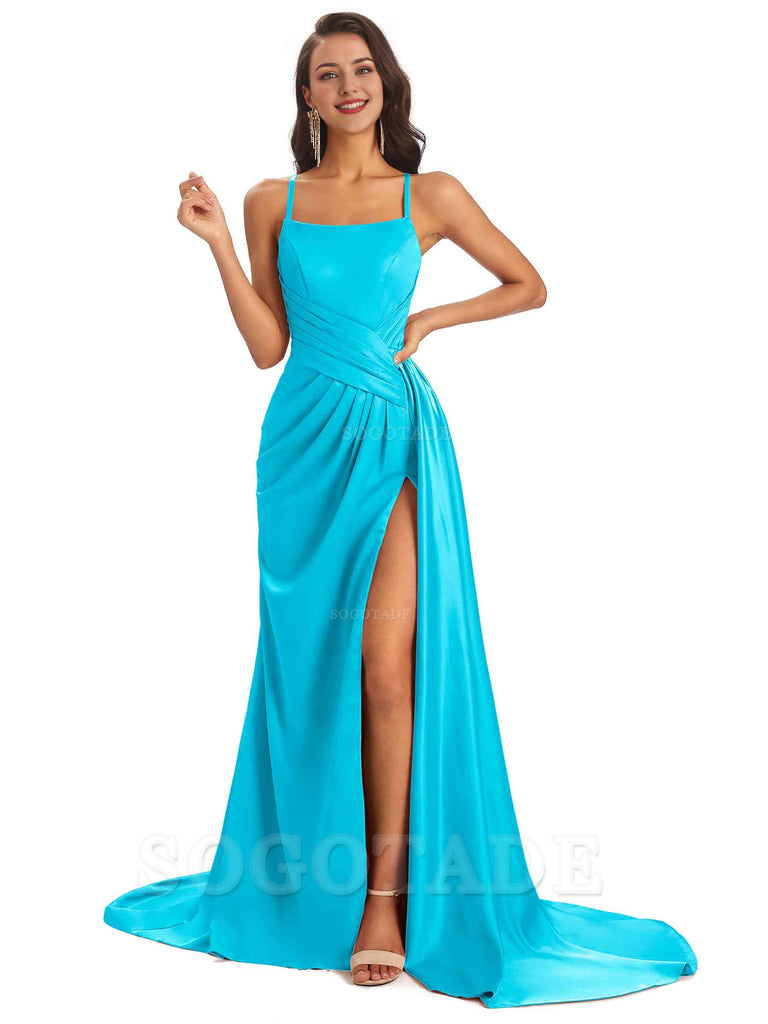 Sexy Soft Satin Side Slit Spaghetti Straps Long Maxi Bridesmaid Dresses prom shop dresses