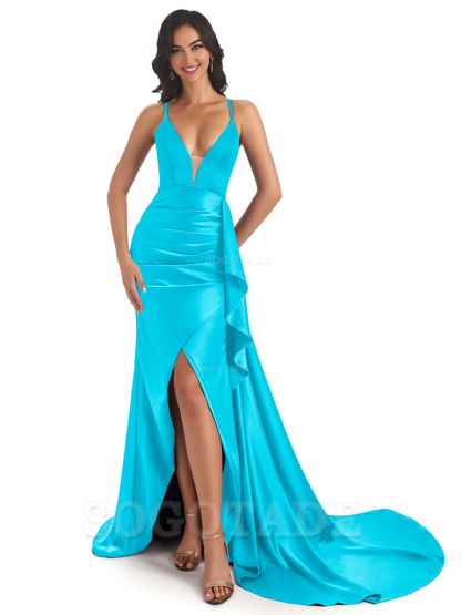 Sexy Spaghetti Straps Soft Satin Side Slit Pleats Unique Mermaid Bridesmaid Dresses prom shop dresses ﻿