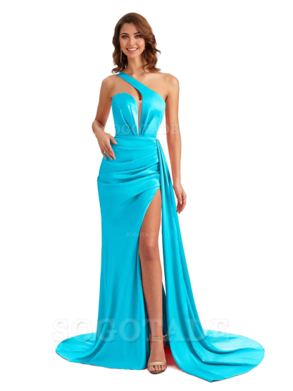 Mermaid One Shoulder Satin formal dresses evening gown Bridesmaid Dresses With Side Slit