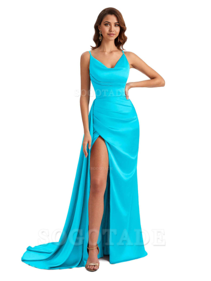 Mermaid Cowl Spaghetti Satin formal dresses evening gown Bridesmaid Dresses With Side Slit