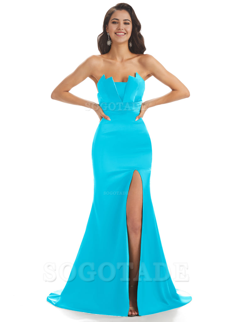 Mermaid sleeveless Satin formal dresses evening gown Bridesmaid Dresses With Side Slit 