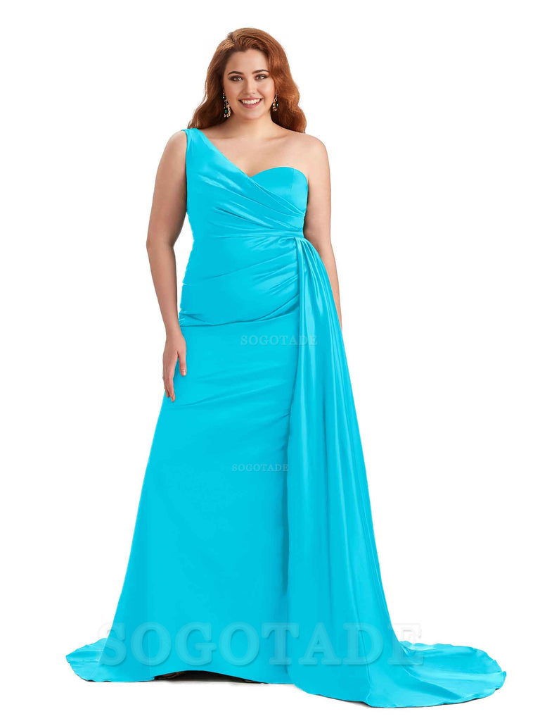 Sexy One Shoulder Sleeveless Mermaid Soft Satin Long Plus Size With Train Bridesmaid Gowns