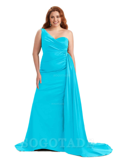 Sexy One Shoulder Sleeveless Mermaid Soft Satin Long Plus Size With Train Bridesmaid Gowns