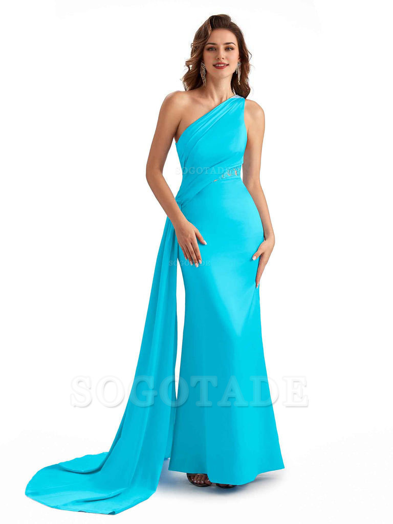 Sexy Mermaid Silky Satin One Shoulder Lace See Through Long Bridesmaid Dresses Online