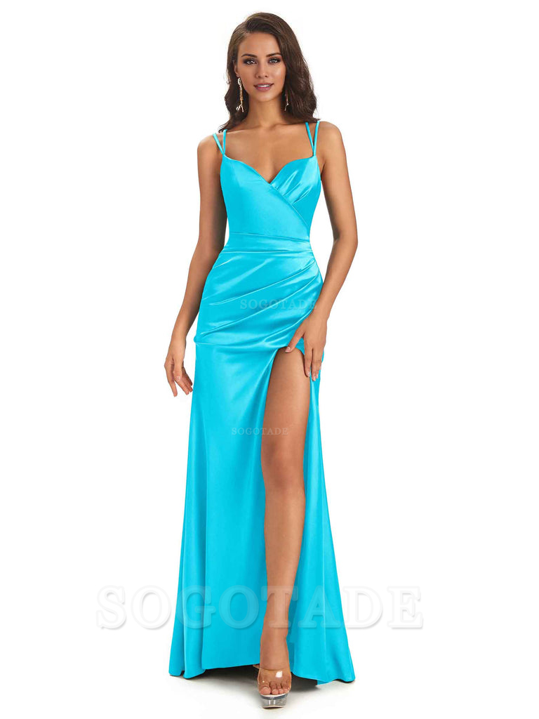 Sexy Soft Satin Side Slit Spaghetti Straps Long Maxi Mermaid Bridesmaid Dresses Elegant Evening Party Dress