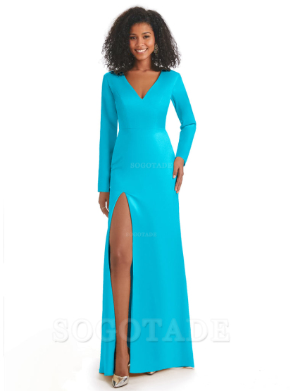 Soft Satin Side Slit Long Sleeves V-Neck Long African Mermaid Bridesmaid Dresses Elegant Evening Party Dress
