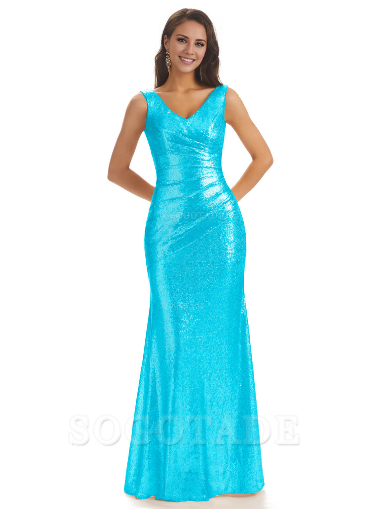 Sexy Sequin V-Neck Sparkly Long Mermaid Bridesmaid Dresses Charming Evening Party Dress
