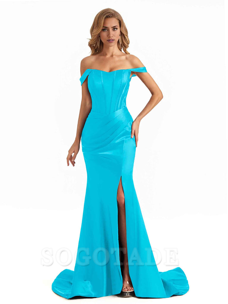 Sexy Long Mermaid Bridesmaid Dresses Off The Shoulder with Side Slit Satin Elegant Evening Party Dress 