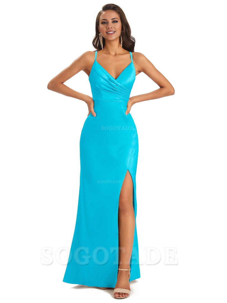 Soft Satin Side Slit Spaghetti Straps Long Unique Mermaid Bridesmaid Dresses Elegant Evening Party Dress