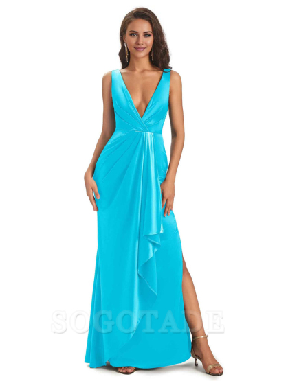 Sexy Satin V-Neck Floor-Length Long Bridesmaid Dresses with Side Slit Elegant Evening Party Dress