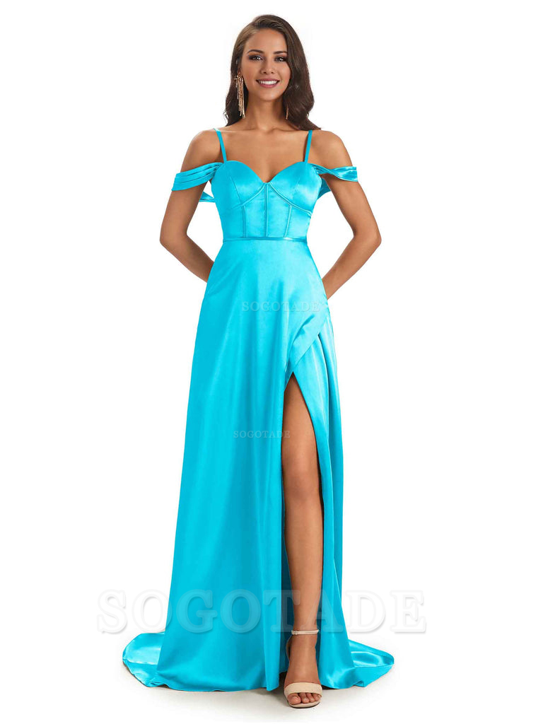Stylish Soft Satin Side Slit Spaghetti Straps Bridesmaid Dresses Elegant Evening Party Dress