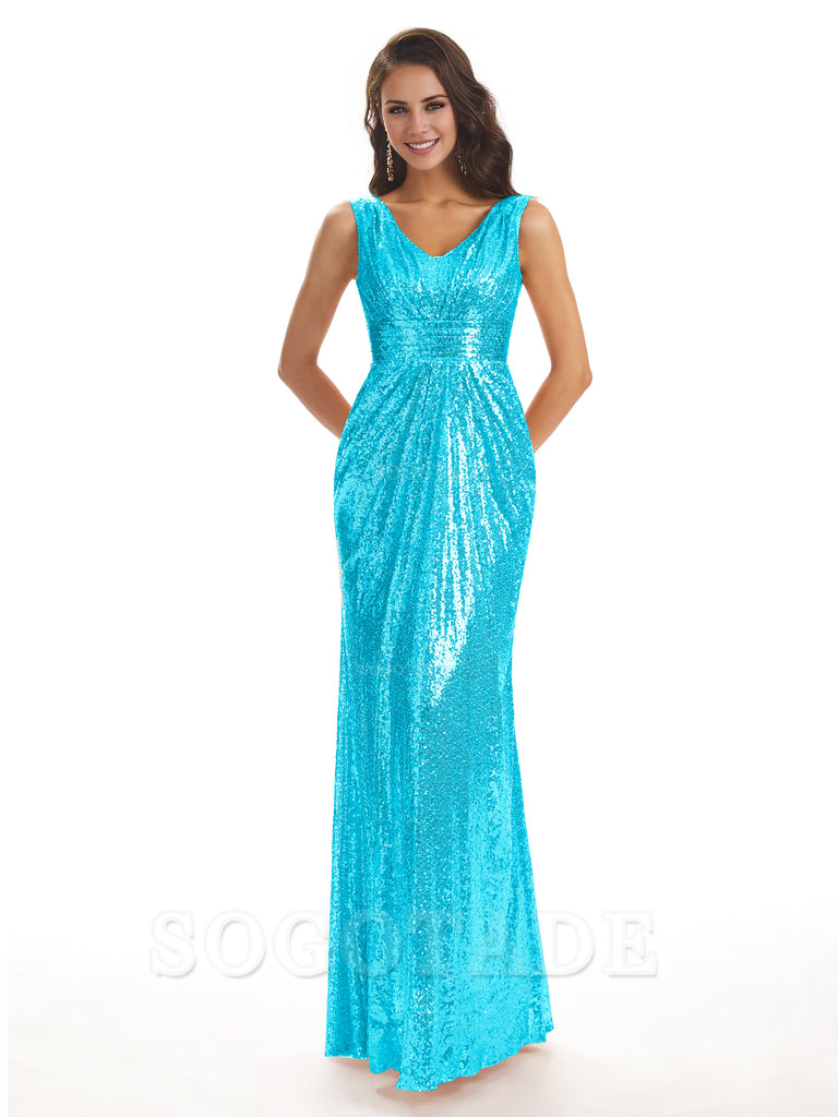 Sparkly V-Neck Sequin Long Mermaid Bridesmaid Dresses Sleeveless Charming Evening Party Dress