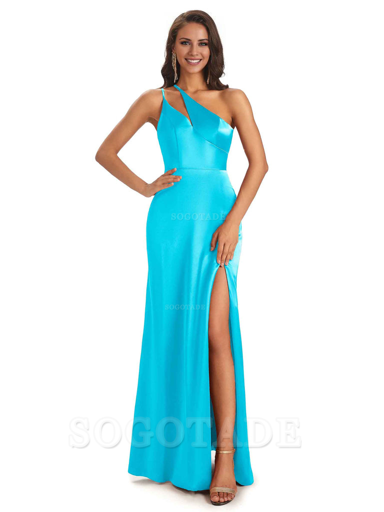 Sexy Soft Satin Side Slit One Shoulder Floor-Length Mermaid Long Bridesmaid Dresses Elegant Evening Party Dress
