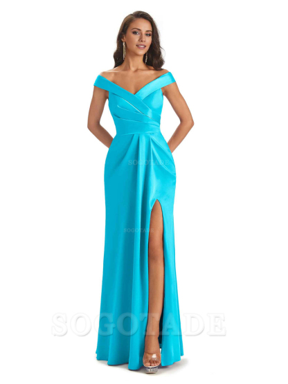 Sexy Soft Side Slit Off Shoulder V-Neck Long Satin Ladies Bridesmaid Dresses Elegant Evening Party Dress
