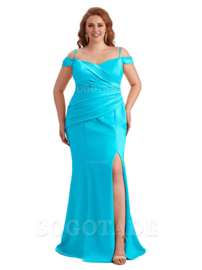 Elegant Cold Shoulder Side Slit Mermaid Soft Satin Long Plus Size Bridesmaid Gowns