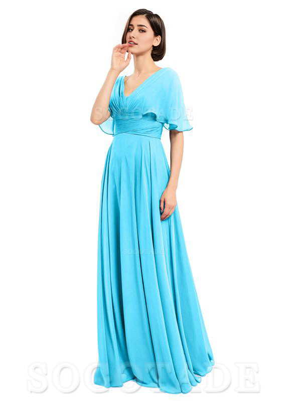  V-Neck Cap Sleeves Sleeves Chiffon Long Elegant Bridesmaid Dresses Formal Wear Dresses