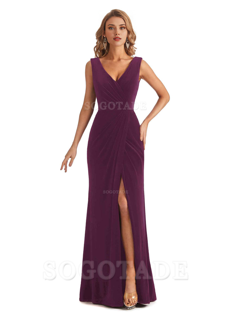 Sexy Deep V-Neck Sheath Velvet Side Slit Long Elegant Bridesmaid Dresses Formal Women's Dresses Wedding Guests Dresses