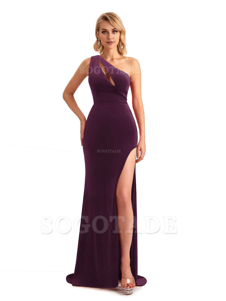 Sexy Sleeveless Floor Length Mermaid One Shoulder Side Slit Velvet Long Bridesmaid Dresses