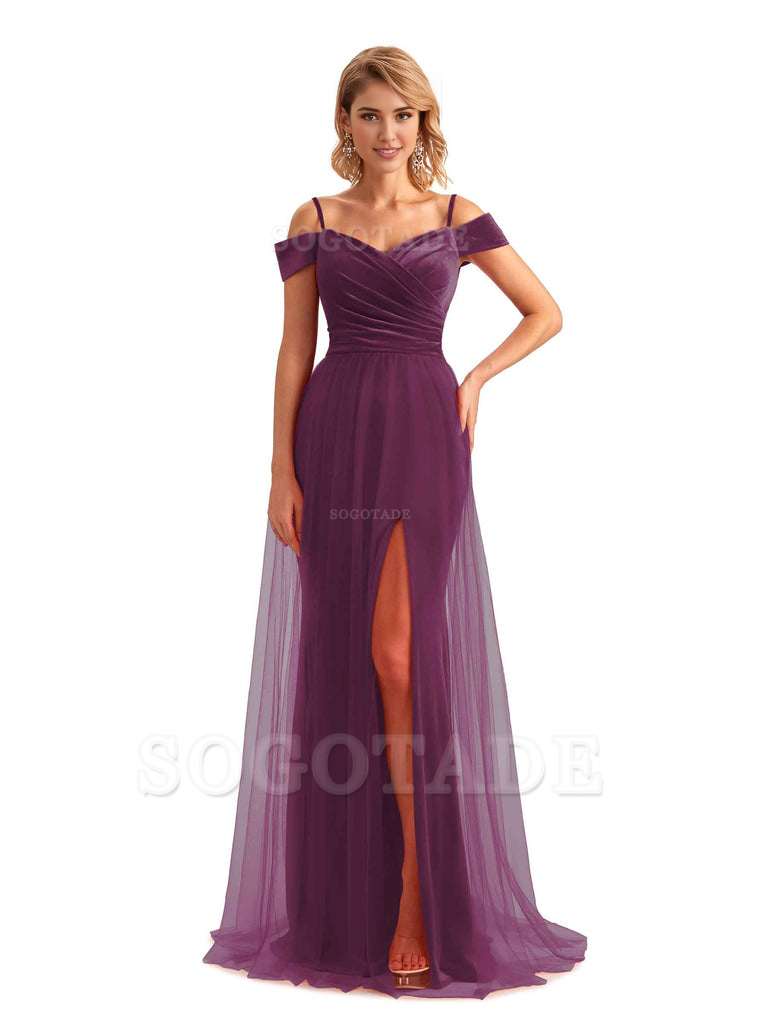 Elegant Mermaid Spaghetti Straps Floor Length Cold Shoulder Side Slit Tulle Velvet Long Bridesmaid Dresses