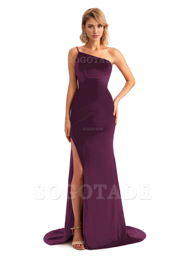 Sexy Side Slit Mermaid Spaghetti Straps One Shoulder Formal Velvet Long Bridesmaid Dresses