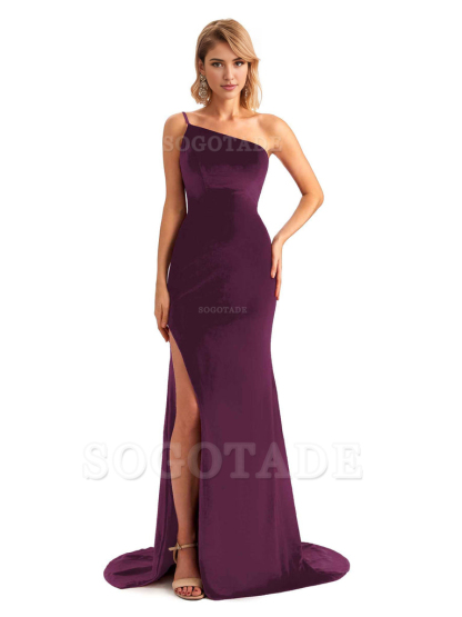 Sexy Side Slit Mermaid Spaghetti Straps One Shoulder Formal Velvet Long Bridesmaid Dresses