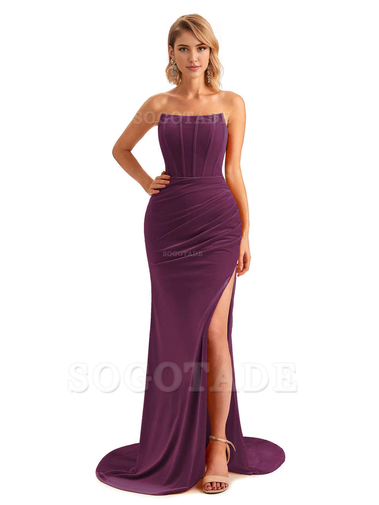  Sexy Side Hight Slit Sleeveless Mermaid Strapless Velvet Long Bridesmaid Dresses Online
