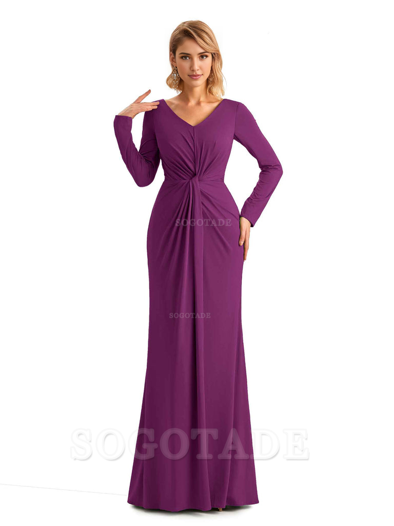 Elegant Simple Mermaid Pleats V-neck Long-Sleeves Floor Length Long Formal Bridesmaid Dresses