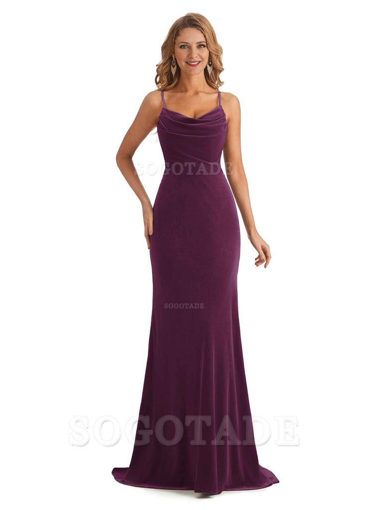 Elegant High Quality Mermaid Spaghetti Straps Cowl Velvet Side Slit Long Exquisite Bridesmaid Dresses Formal Women's Dresses Wedding Guests Dresses