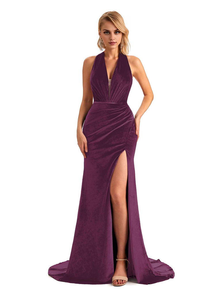 Sexy Deep V Neck Backless Mermaid Halter Side Slit Velvet Long Bridesmaid Dresses Online