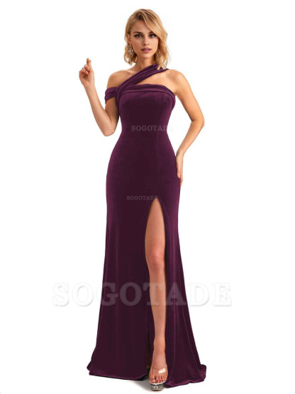 Sexy Mermaid Asymmetric Velvet Side Slit Long Bridesmaid Dresses