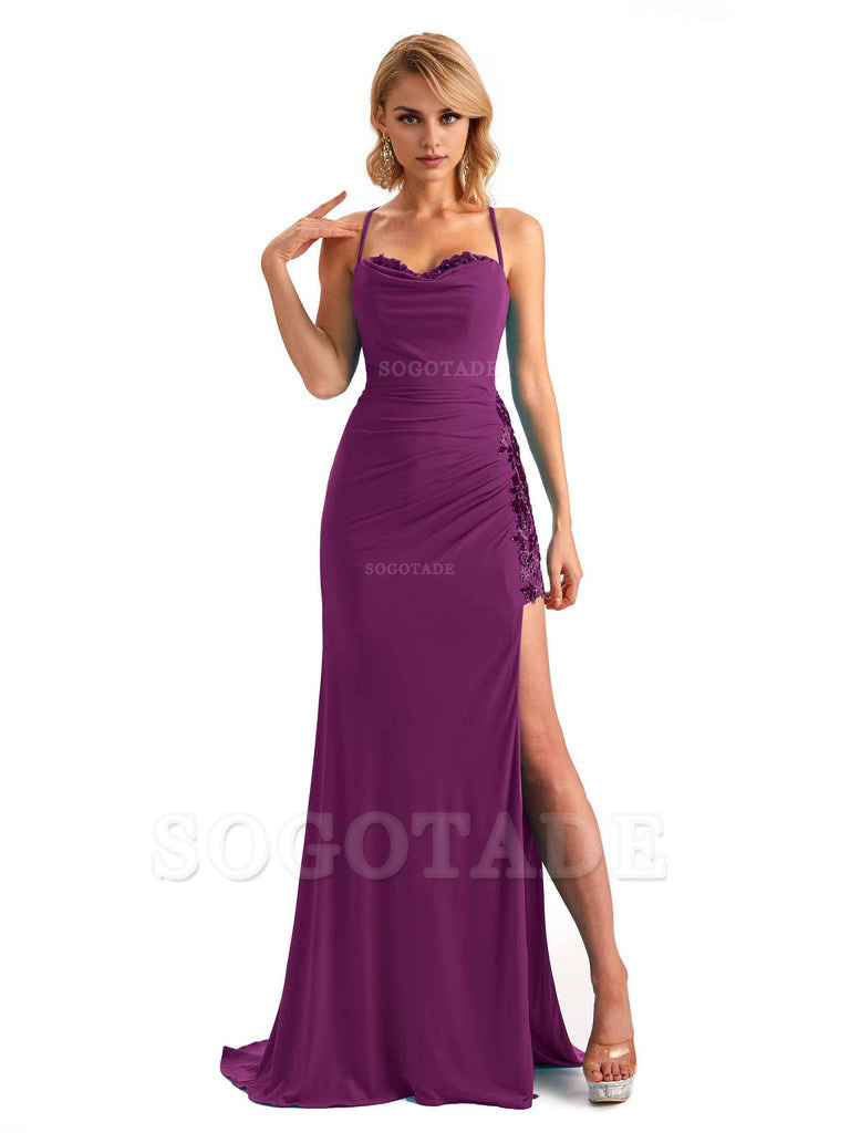 Mermaid Spaghetti Straps Side Slit Lace Stretchy Jersey Long Dresses