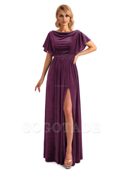Elegant A-Line Jewel Bat Sleeves Velvet Side Slit Long Bridesmaid Dresses