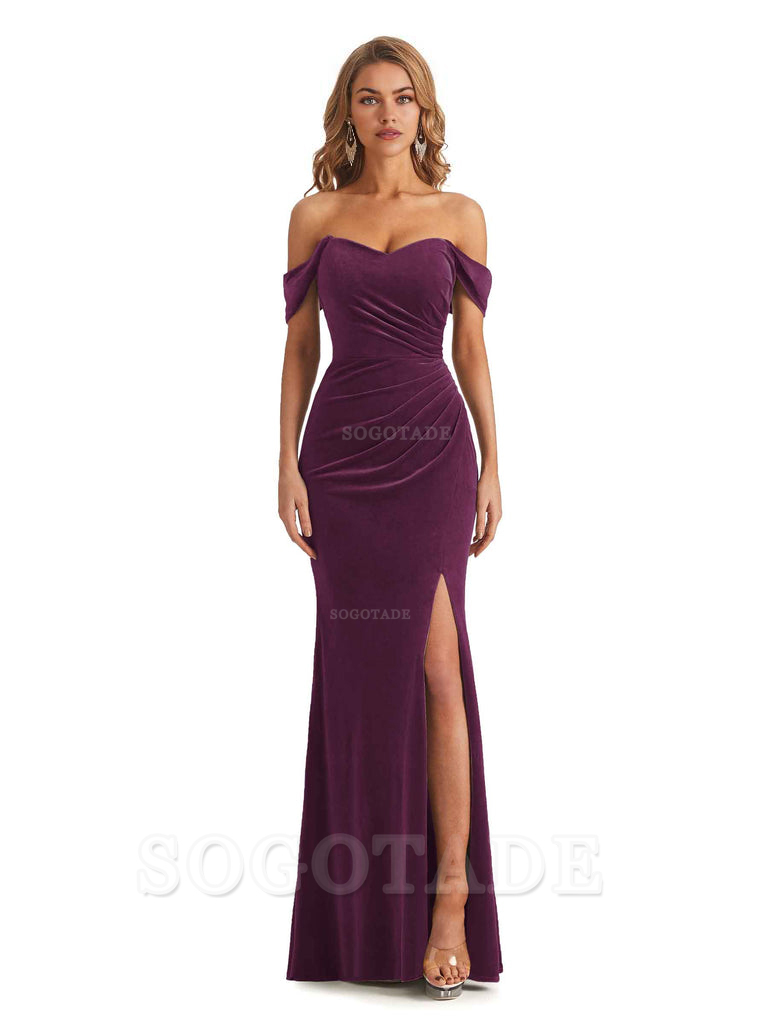 Elegant Mermaid Off Shoulder Pleats Velvet Side Slit Long Bridesmaid Dresses Evening Party Dress