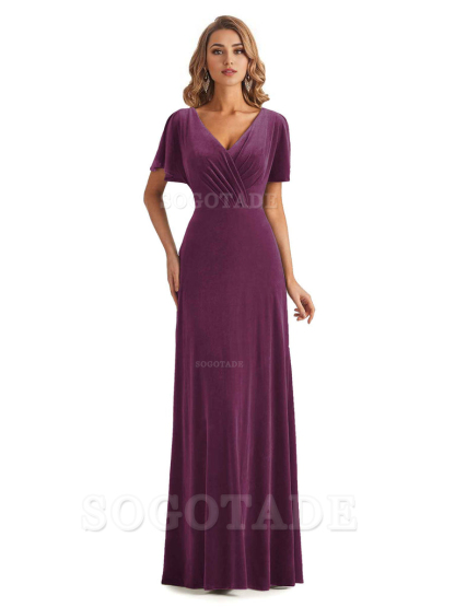 Elegant Mermaid V-neck Short Sleeves Unique Velvet Long Bridesmaid Dresses