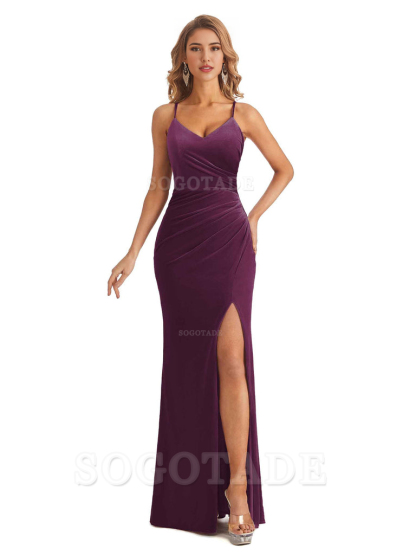 Elegant Mermaid Spaghetti Straps V-Neck Velvet Side Slit Long Bridesmaid Dresses Bridesmaid Dresses Formal Wear Dresses