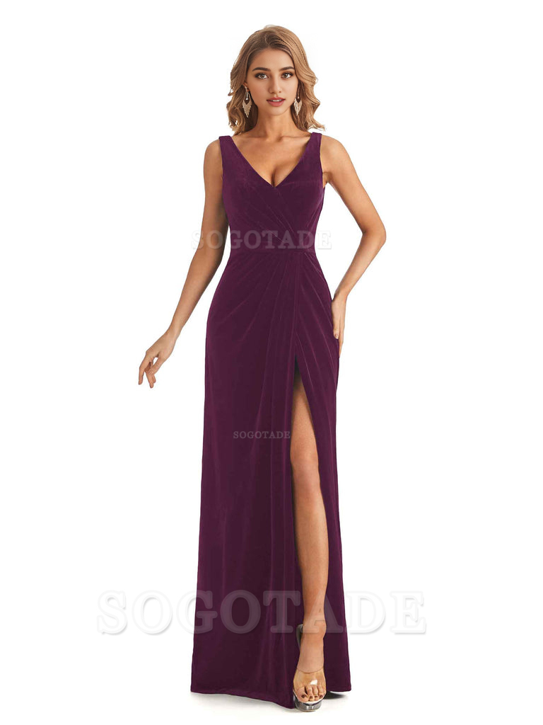 V-Neck Sexy Side Slit Spaghetti Straps Pleated Velvet Long Bridesmaid Dresses Formal Wear Dresses