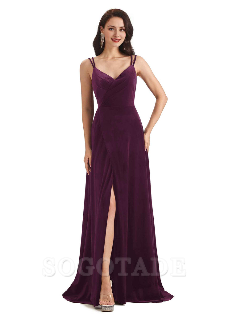 Sexy Velvet Long Bridesmaid Dresses Spaghetti Straps Open Back with Side Slit