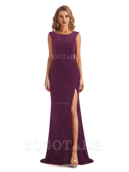 Sexy Open Back Mermaid Velvet Jewel High Split Maxi Long Bridesmaid Dresses Online