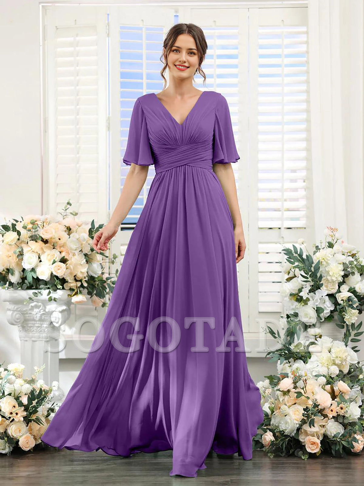 A-shaped V-shaped leader bridesmaid dress, suitable for wedding guests, long chiffon formal slit party dress