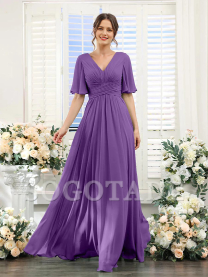 A-shaped V-shaped leader bridesmaid dress, suitable for wedding guests, long chiffon formal slit party dress